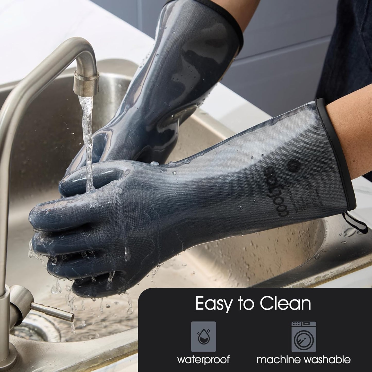 COOLJOB Heat Resistant Oven Gloves, Waterproof Liquid Silicone BBQ Grilling Gloves for Barbecue, Kitchen Cleaning, Baking, Food Contact, Black, Medium