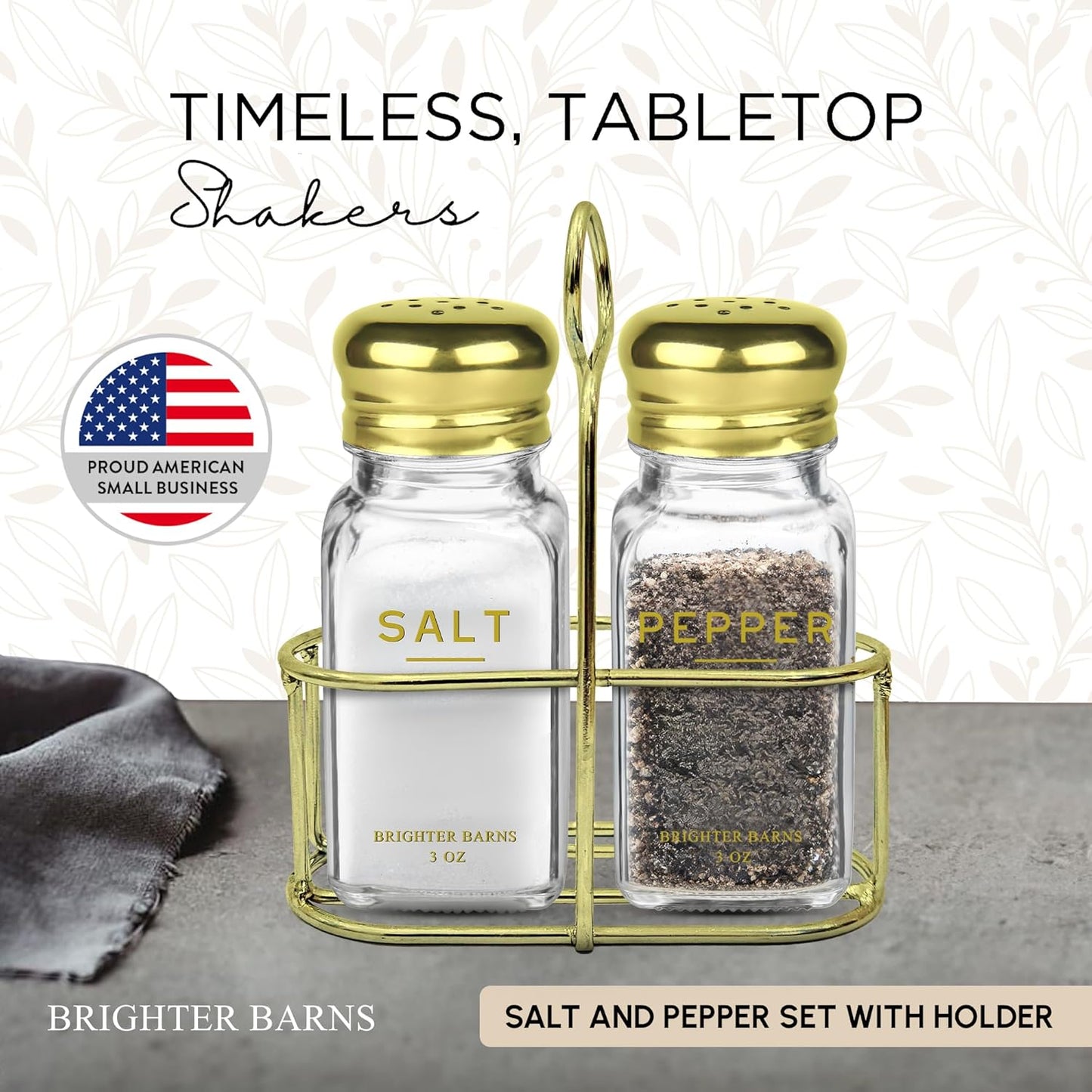 Gold Salt and Pepper Shakers Set with Holder by Brighter Barns - Luxury Kitchen Decor & Accessories - Modern Glass Shakers with Stand & Stainless Steel Lids for Neutral Home, Restaurants (Clear/Gold)