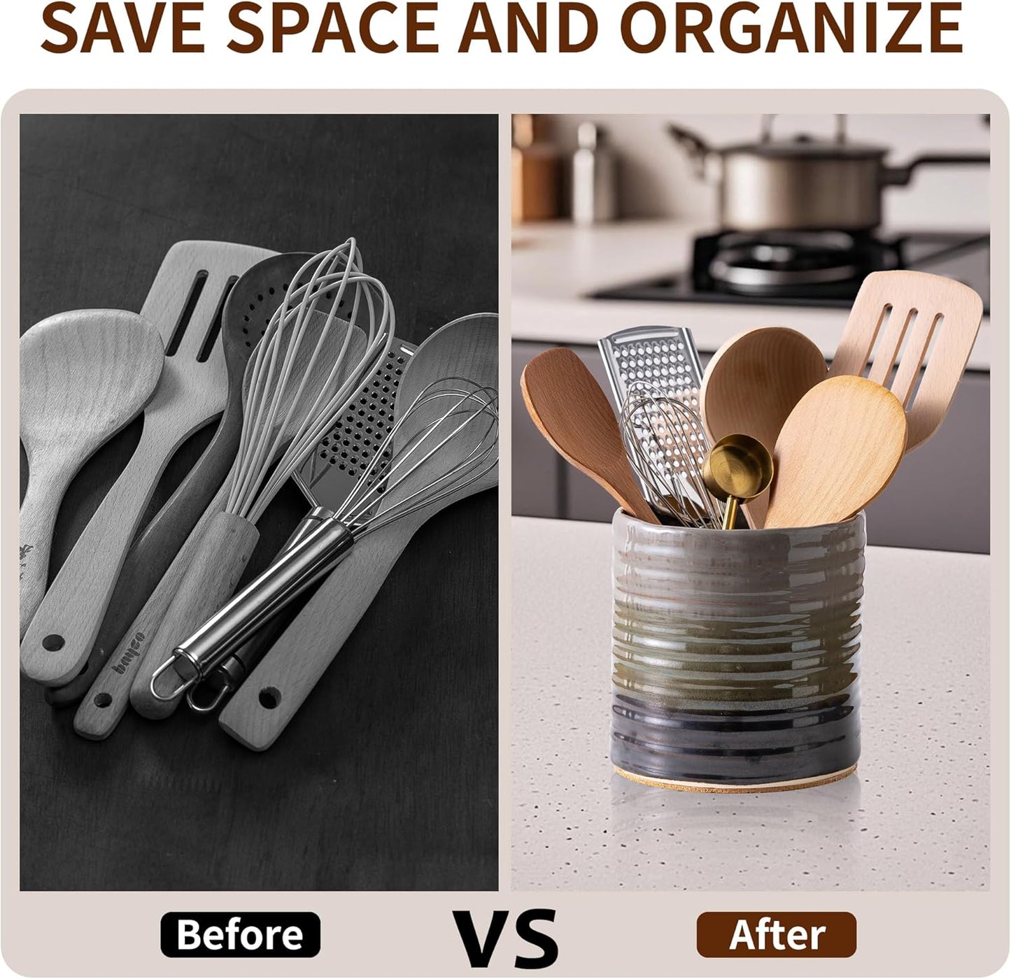 Utensil Holder 5.3" for Countertop, Ceramic Utensil Crocks for Kitchen Counter, Farmhouse Kitchen Décor Utensil Holder, Protection Cork Bottom