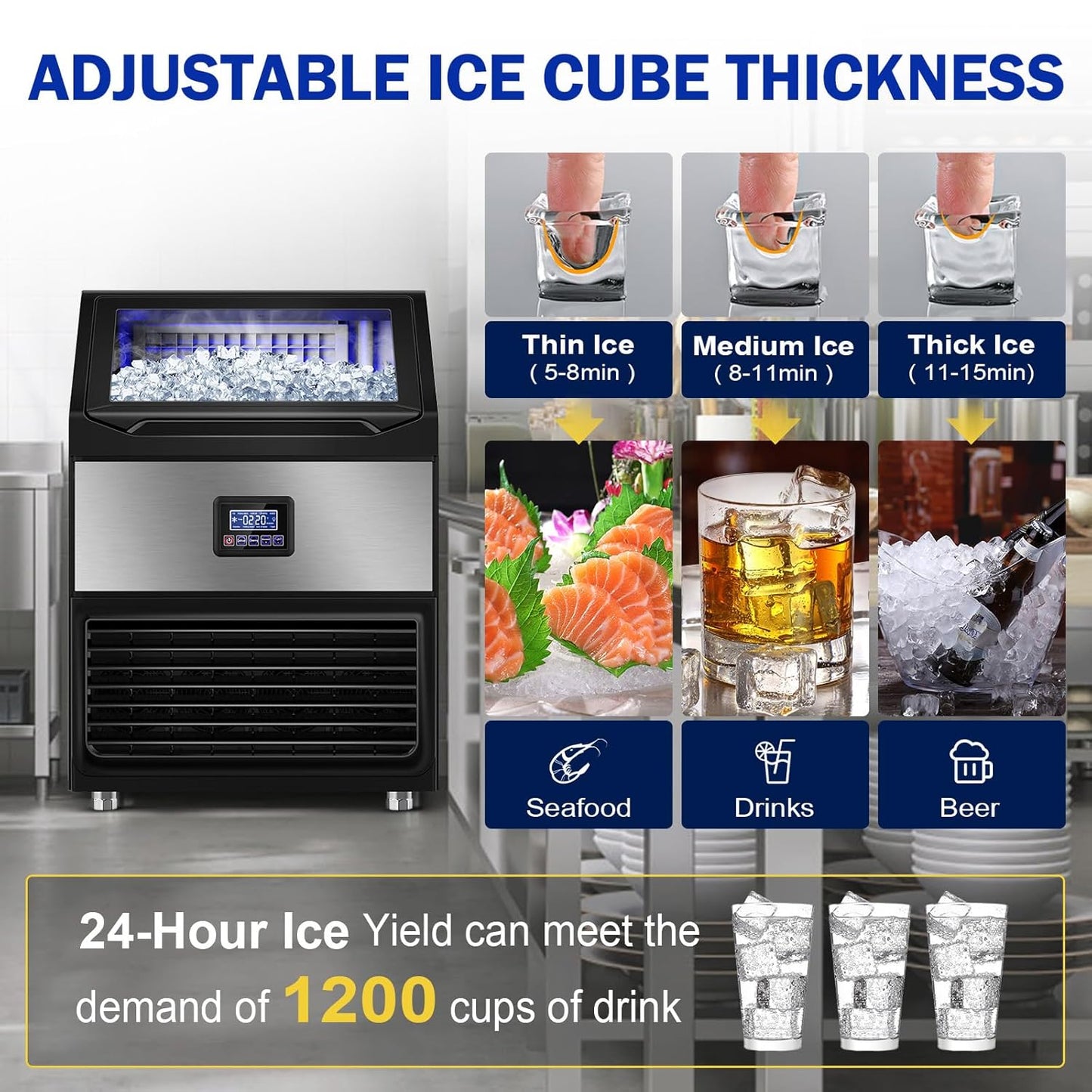 Commercial Ice Maker Machine, 350Lbs/24H with 75Lbs Storage Bin, 108Pcs Ice Cubes 8Mins, Freestanding Large Ice Machine with Water Filter and Ice Scoop for Home Bar Office Restaurant