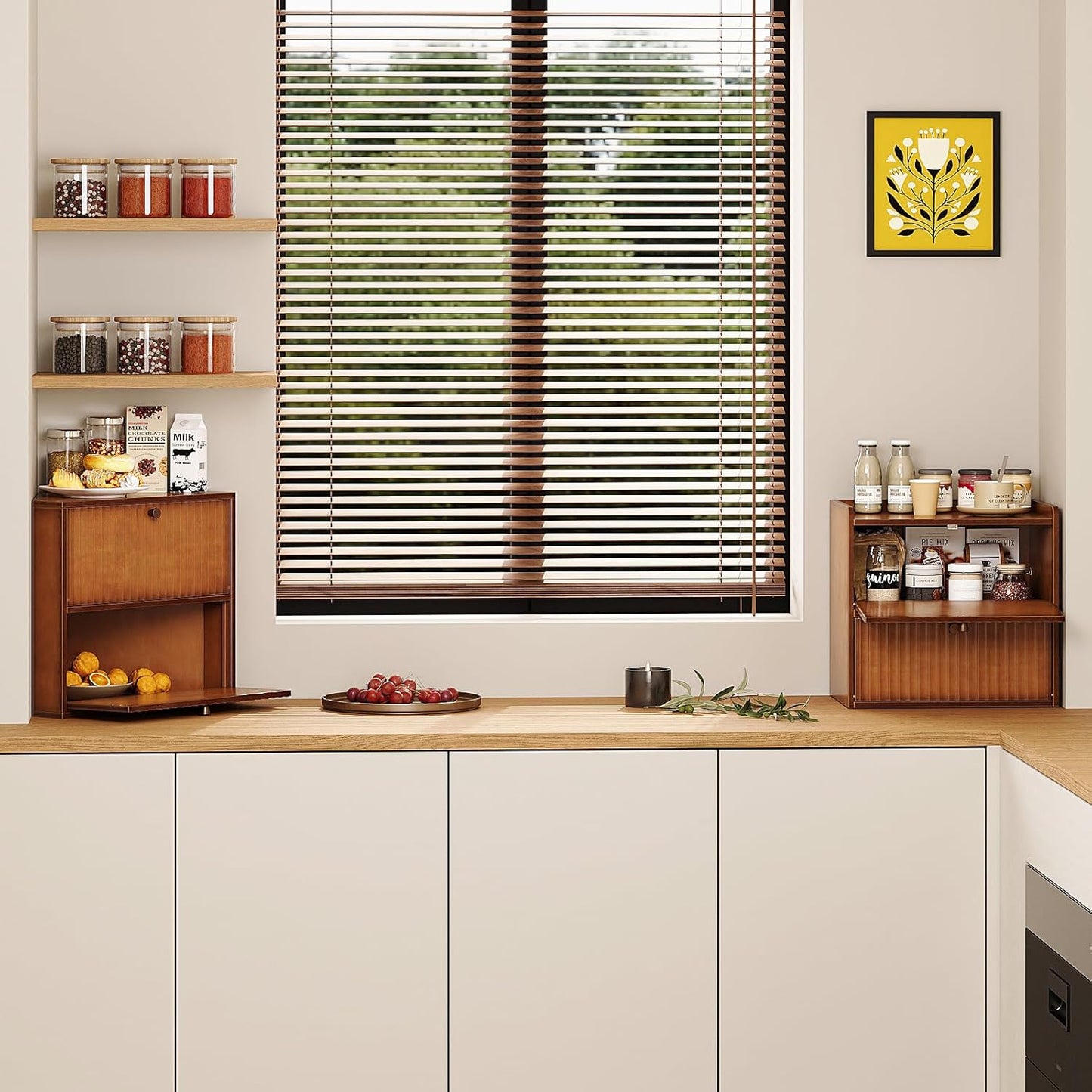 Rustic Bread Box for Kitchen Countertop Bamboo Bread Storage Container Bin Double Layer BreadBox Farmhouse Large Capacity Food Organizer (Brown)