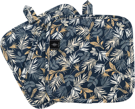 Pot Holders for Kitchen Heat Resistant Hot Pads for Countertops Oven Pot Holders Cotton Potholders for Kitchen Cooking Baking (Blue Leaves)