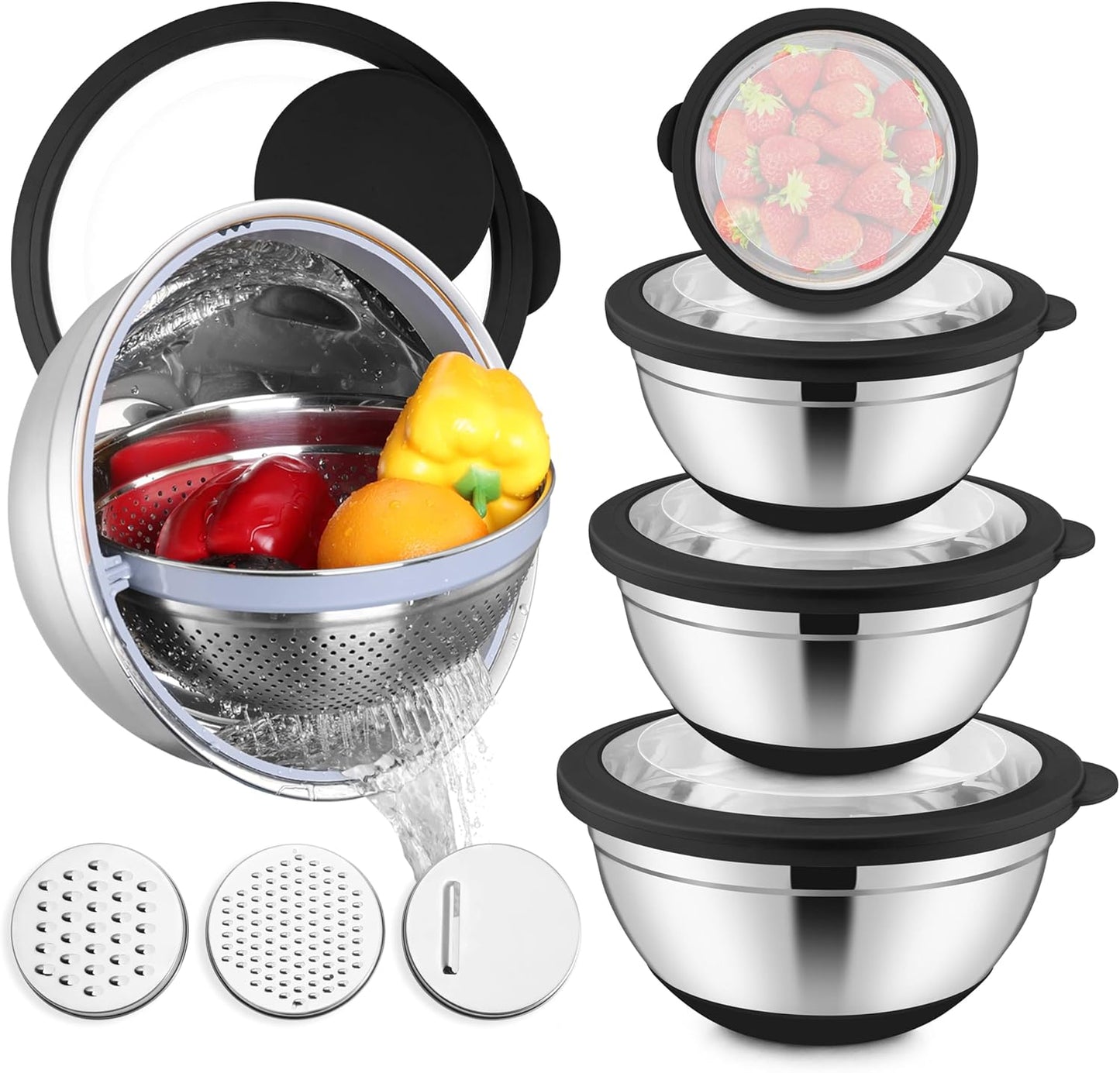 E-far Mixing Bowls with Lids Set, 15PCS Stainless Steel Mixing Nesting Bowl with Colander & 3 Metal Grater for Kitchen Prep/Baking/Storage, Non-Slip Bottom & Airtight Lid, 4.6, 3, 1.5, 1, 0.7QT, Black