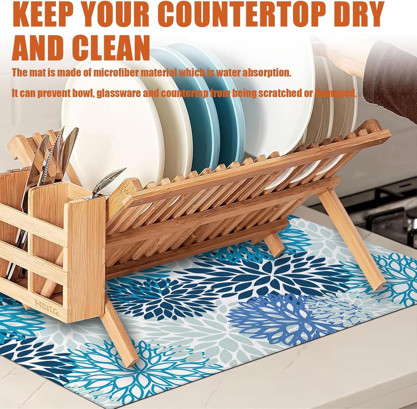 Blue Floral Dish Drying Mat for Kitchen Counter Microfiber Absorbent Dish Kitchen Drying Mat Draining Reusable Washable for Dishes/Utensils/Counterto