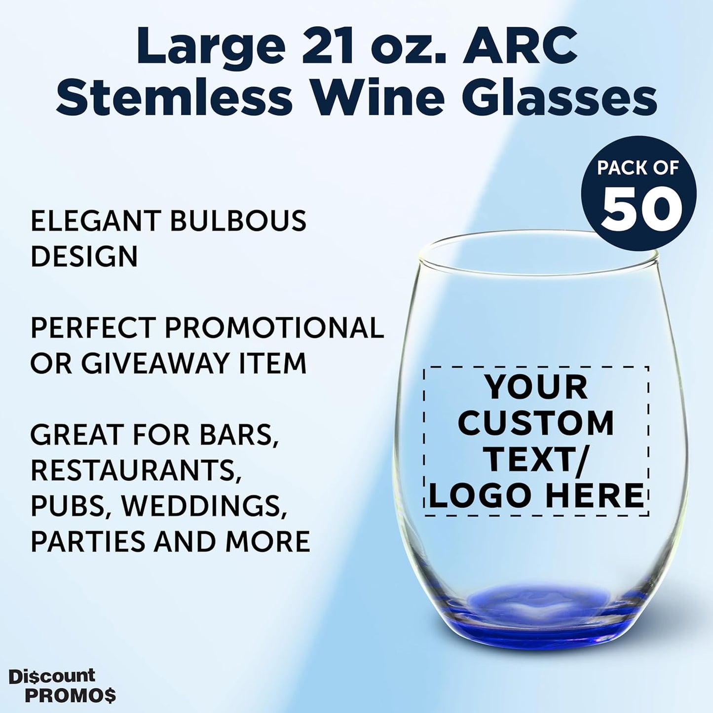 DISCOUNT PROMOS 50 ARC Stemless Wine Glasses Set, 21 oz. - Customizable Text, Logo - Chardonnay, Cabernet, Merlot, Sauvignon - Blue