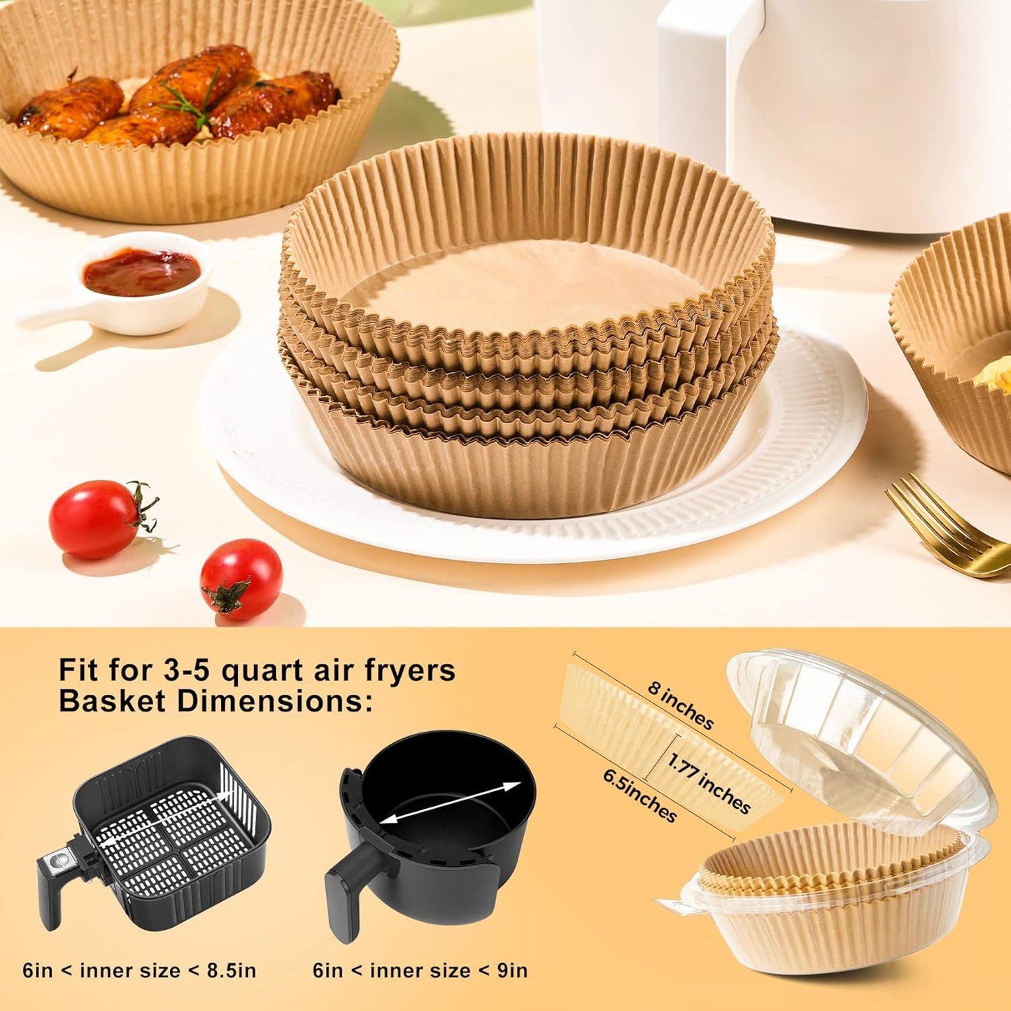 Air Fryer Liners Disposable - 150Pcs 6.5In Round Parchment Paper for Air Fryer Non-Stick Airfryer Basket Liners for Steamer Microwave Oven