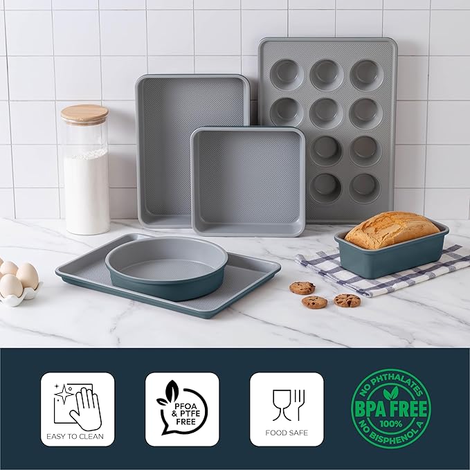 Country Kitchen Nonstick Stackable Bakeware Set - Durable, Easy Release Baking Set, Navy, 6 Pcs