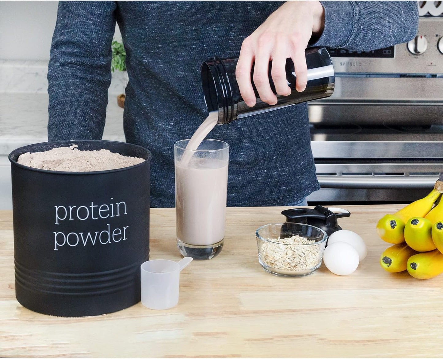 AuldHome Design Enamelware Protein Powder Canister (Black); Modern Farmhouse Style Storage for Kitchen