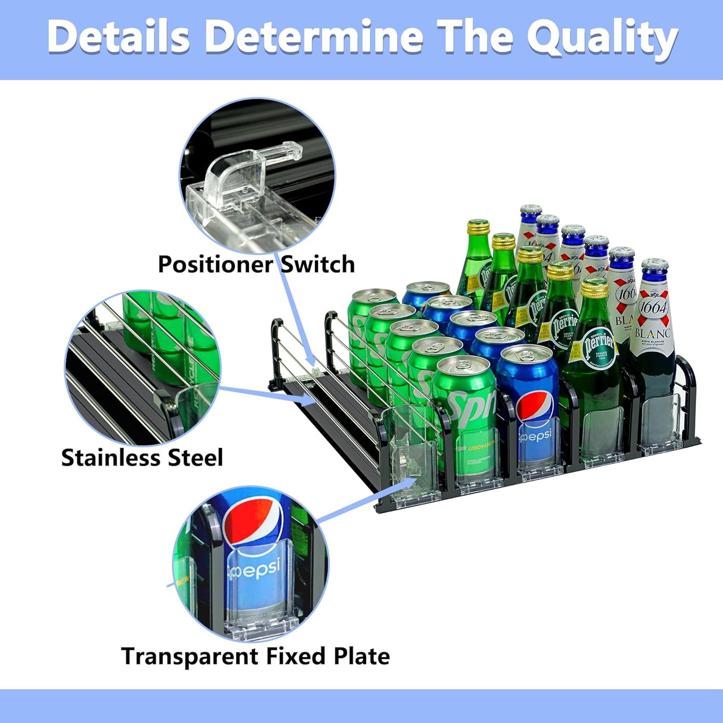 Drink Organizer for Fridge, Soda Can Organizer for Fridge, Self-Pushing Glide Drink Dispenser for Refrigerator-Holds up to 25 Cans Black (5 Rows)