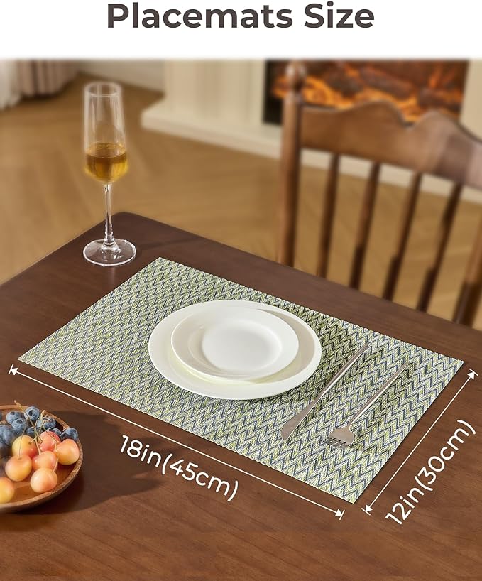 Leetaltree Green Placemats Set of 6 - Heat Resistant Non-Slip Place mats for Dining Table, Washable Durable PVC Vinyl Woven Table Mats（Green Zigzag, 6）