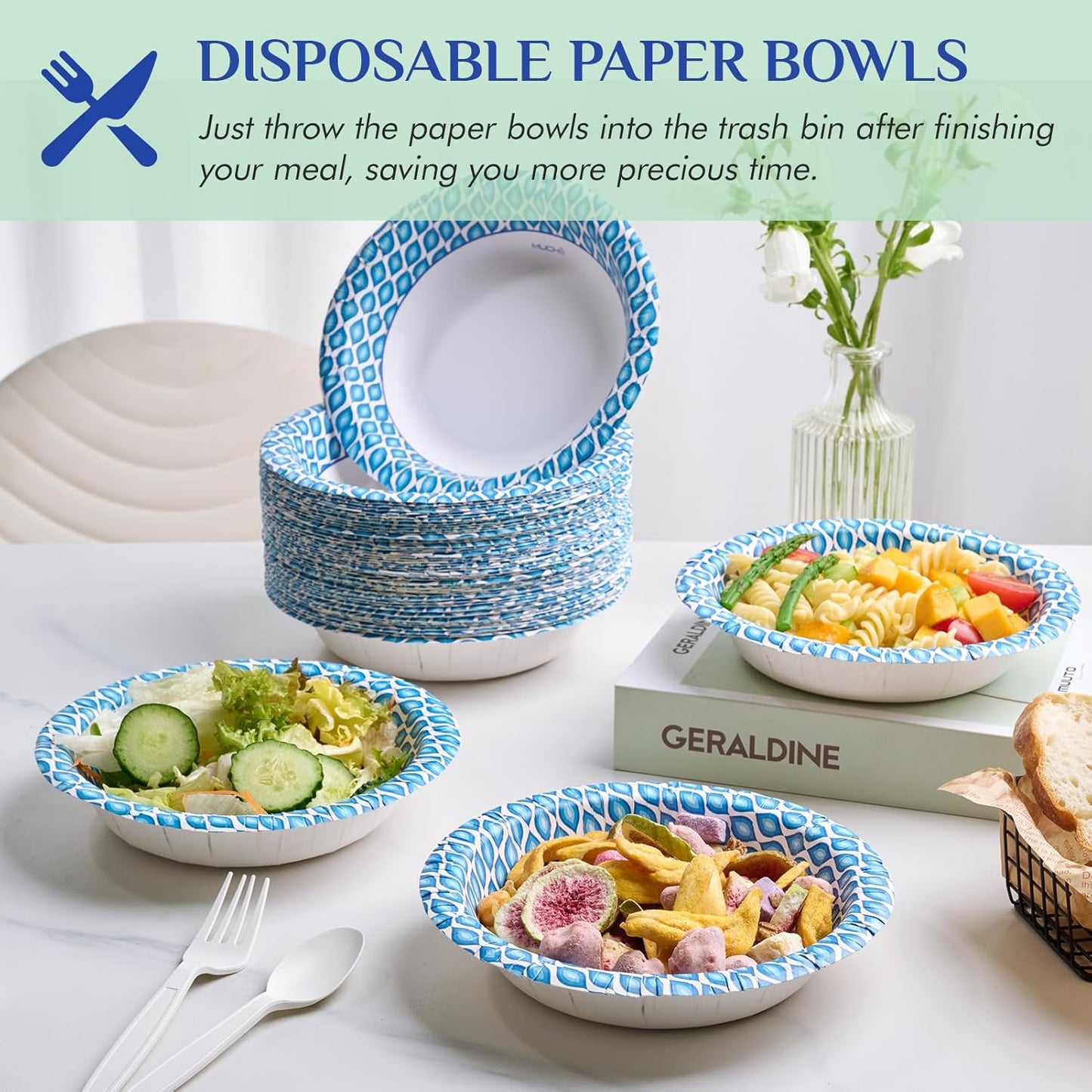 MUCHII 20 Oz Paper Bowls 180 Count Disposable Bowls, Printed Soak Proof Large Bowls for Breakfast, Lunch, and Dinner Meals