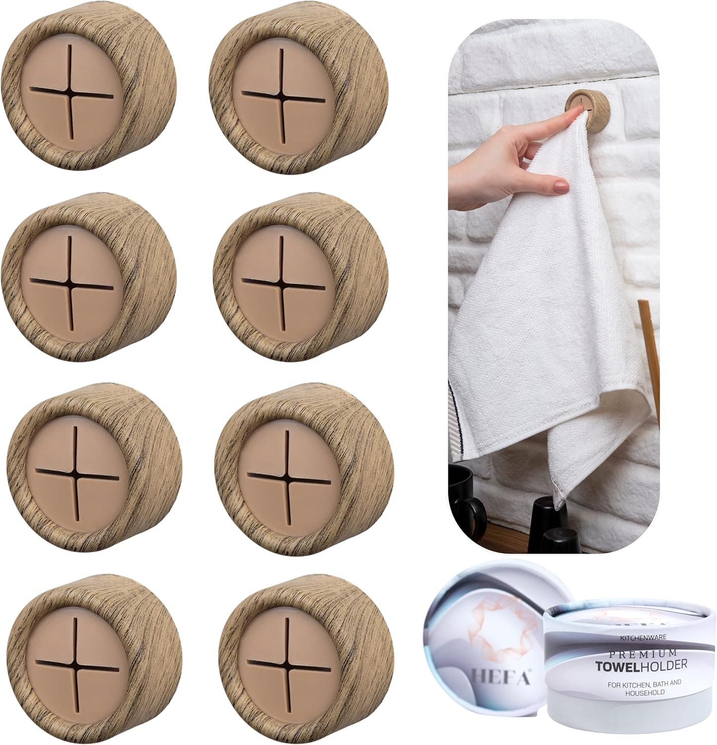 HEFA Towel Hooks, 8 Pack, Kitchen Organization, Modern Design, Plastic, Polished, Wall Mount, Storage Hook