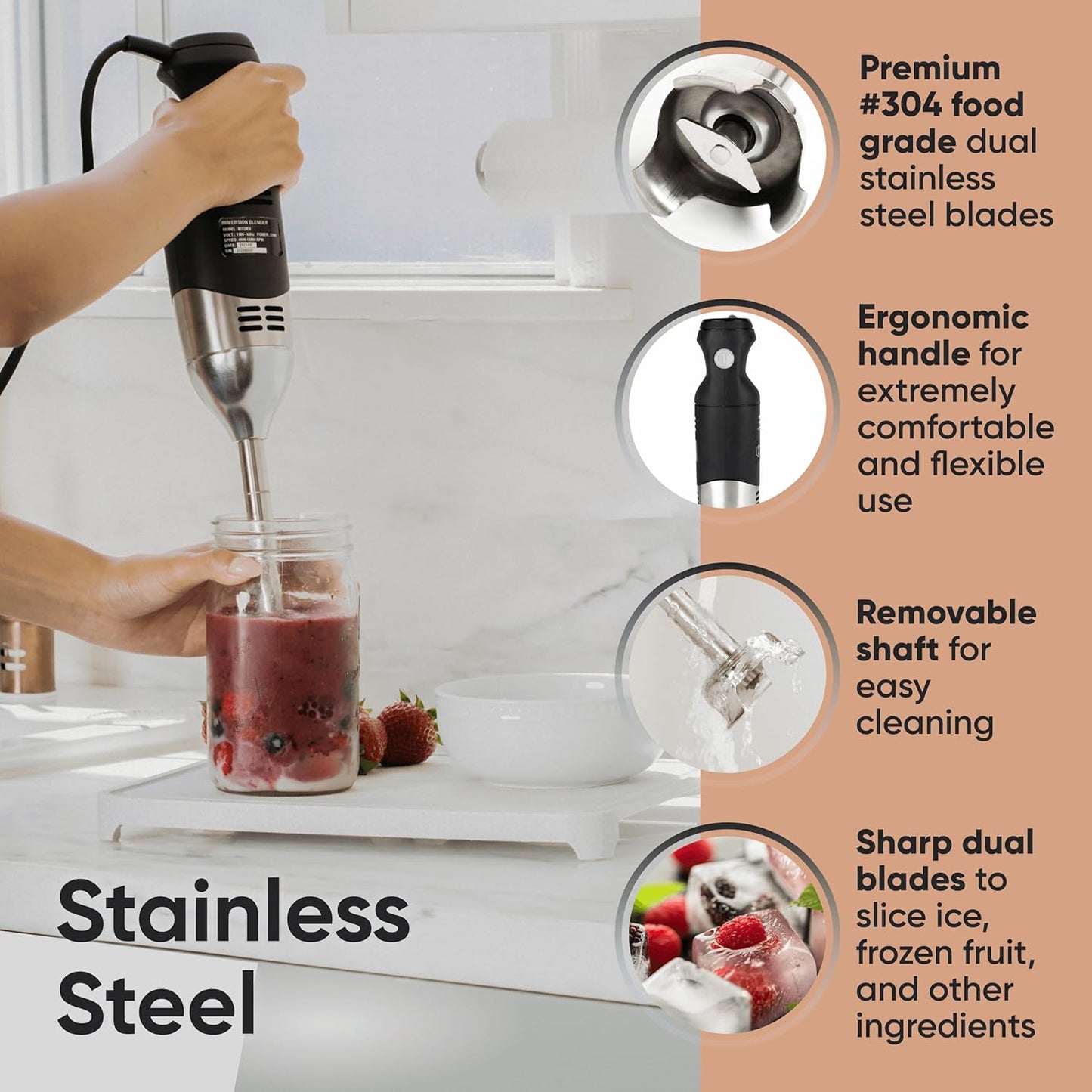 Handheld Immersion Blender 220W - 7” Stainless Steel with 8 Speeds - 110V + 1-Yr Coverage and 24/7 Pro Chef Support