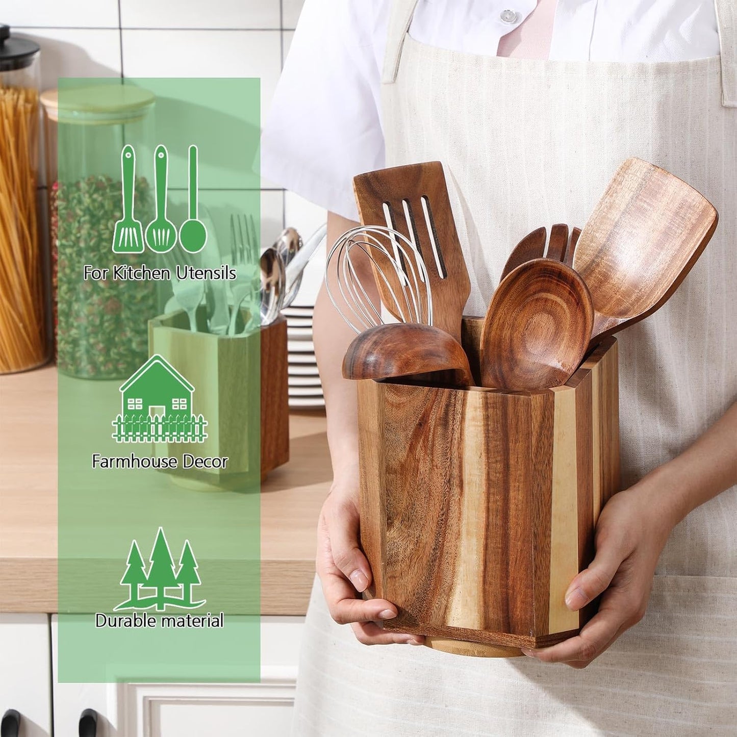 2 Pack Wooden Utensil Holder, 360°Rotating Kitchen Cooking Utensil Crock, Spoon Spatula Holder for Kitchen Counter, Farmhouse Countertop Organizer(Acacia,Square)