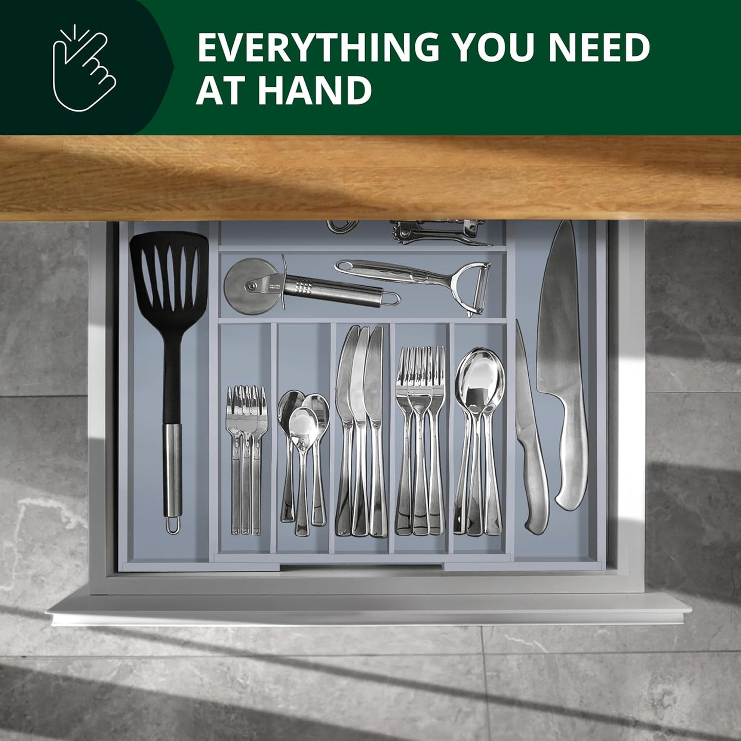 Luxury Bamboo Kitchen Drawer Organizer - Silverware Organizer - Utensil Holder and Cutlery Tray with Grooved Drawer Dividers for Flatware and Kitchen Utensils (9 Slot, Gray)