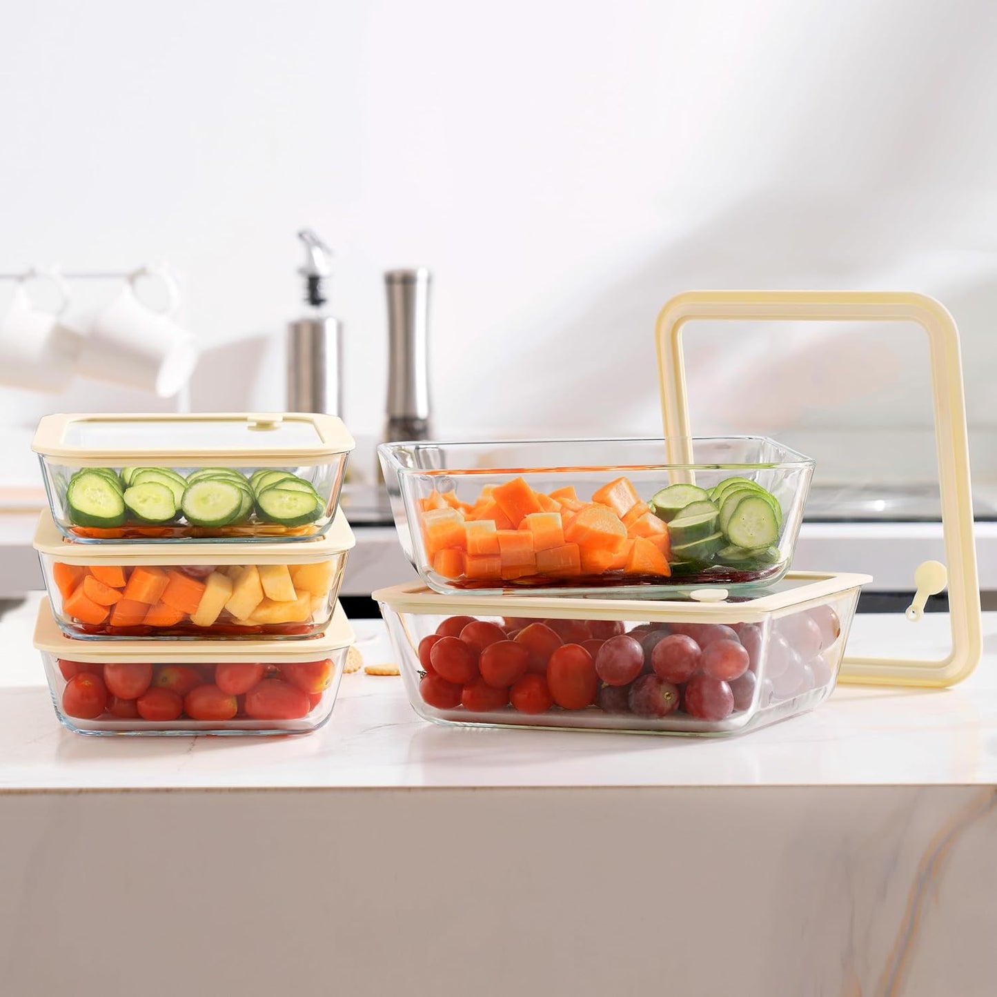 Urban Green Glass Food Container Set with Glass Lid, Large Meal Prep Container Set, Airtight Food Storage Containers with Air Vent Lid, 2 Pack, Large, 87oz, LeakProof, 100% Plastic Free, White color,