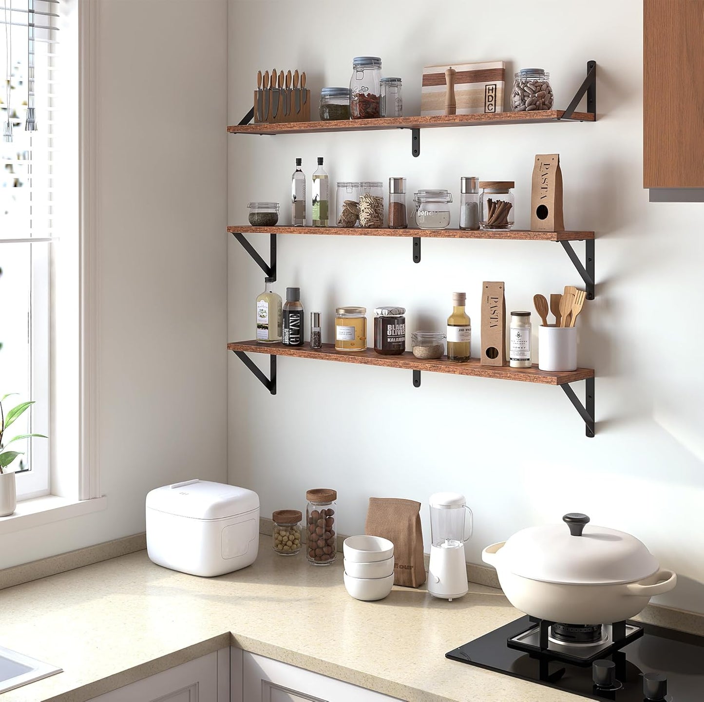 Heimlove Floating Shelves for Wall, 36 Inch Long Wood Floating Bookshelf Set of 3, Wall Mounted Hanging Shelf for Bathroom Bedroom Kitchen, Rustic Brown