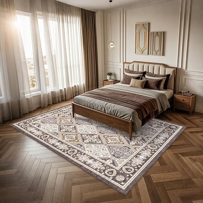 Area Rug for Living Room - Vintage Indoor Machine Washable Rug for Bedroom Dinning Room Floor - Soft Low-Pile Carpet Non-Slip Backing Floral Rugs for Office (Reddish Brown, 5' × 7')