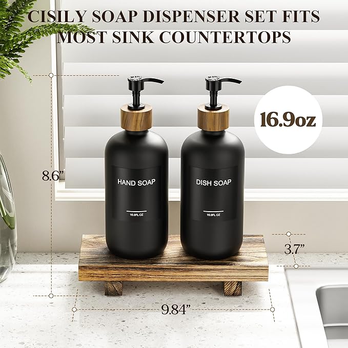 Cisily Black Soap Dispenser Set with Wooden Tray, Dish and Hand Soap Lotion Dispenser Set with Wooden Pump for Kitchen and Bathroom Decor for Counter, Modern Vintage Liquid Soap Dispensers