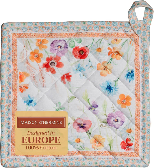 Maison d' Hermine Pot Holders 100% Cotton Heat Resistant Potholders 8" x 8" Hot Pads with Loop BBQ, Cooking, Baking, Grilling, Kitchen, Handling Hot Pans Spring/Summer (Pack of 1, Summer Whisper)