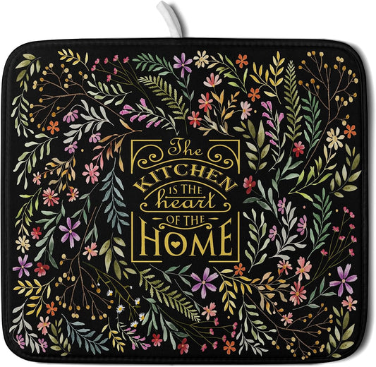 Absorbent Dish Drying Mat Colorful Flowers Microfiber Pad for Kitchen Counter Coffee Bar Decor 16" X 18"