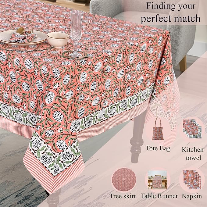 Ridhi Dark Salmon Pink 80 x 120 Inches Rectangular Cotton Washable Tablecloth, Hand Block Print Floral, for Kitchen, Dining, Spring, Easter, Wedding, Birthday, Bridal