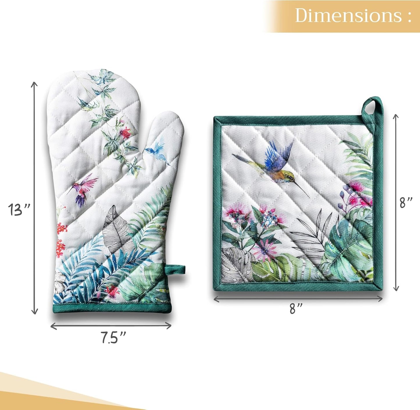 Maison d' Hermine 100% Cotton Oven Mitt & Pot Holder Set (7.5"x13" & 8"x8") Heat Resistant BBQ Cooking Gloves with Loop, Baking, Grilling, Kitchen, Handling Hot Pans Spring/Summer (Tropiques)