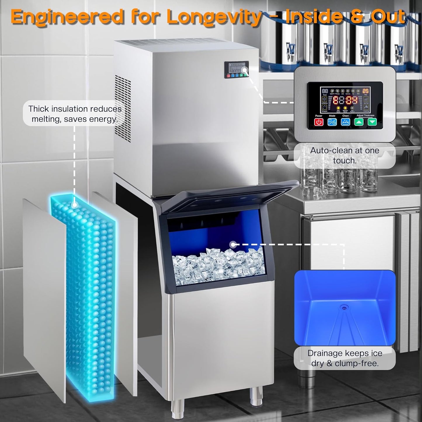 Albott Commercial Ice Maker, 400lbs/24H Stainless Steel ice Machine Countertop with 243lbs Storage Capacity, Self Cleaning for Home/Bar/Restaurant