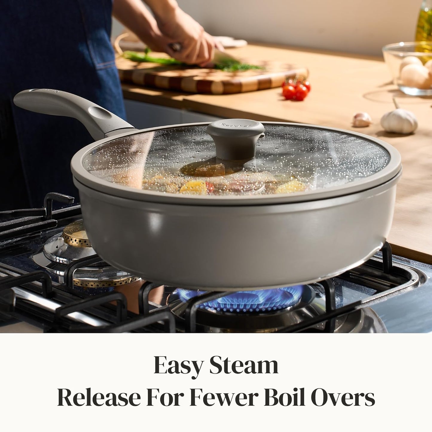 Redchef Deep Ceramic Frying Pan with Lid, Nonstick Saute Pan Cookware All Cooktop Compatibility, Stay-Cool Handles, PFOA Free, Healthy Coating, Tempered Glass Cover, Even Heat, Grey (3.7Qt, 10")