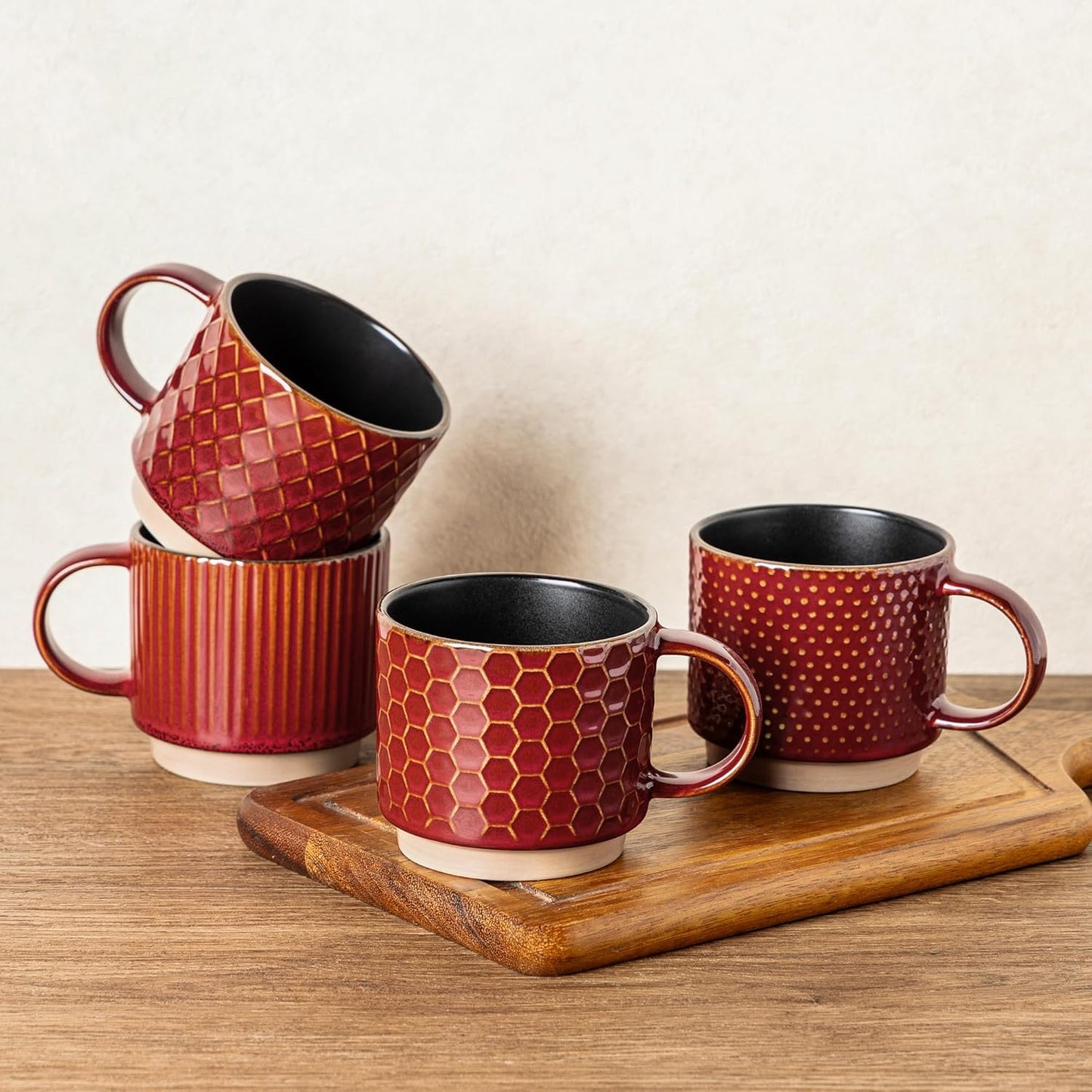 GBHOME 12 OZ Stackable Coffee Mugs, Ceramic Coffee Cups with Texture Patterns for Man,Woman,Dad,Mom, Modern Coffee Mugs Set of 4 for Latte/Cappuccino/Cocoa. Dishwasher&Microwave Safe, Red