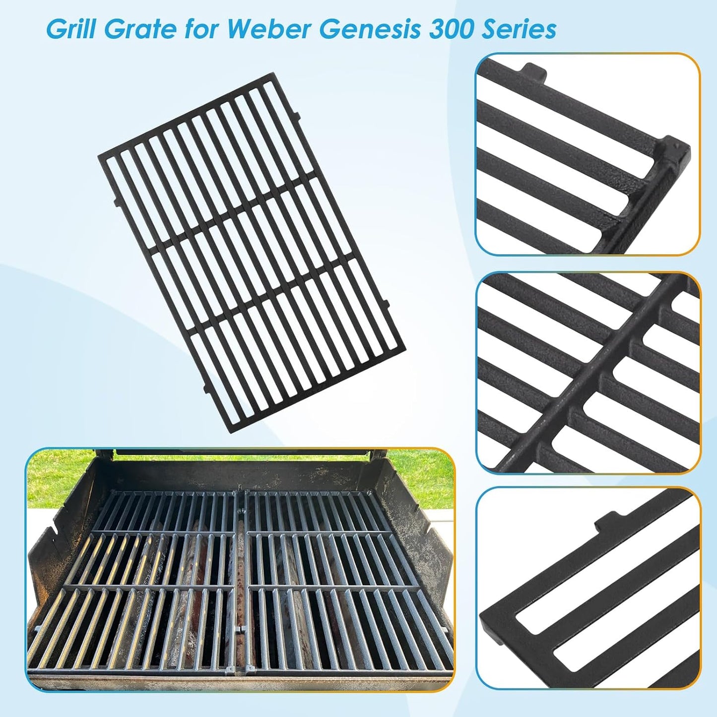 7524 7528 19.5" Grill Grates for Weber Genesis 300 Series Genesis E310 E320 E330 S310 S320 S330 EP310 EP320 EP330 for Weber Genesis 300 Grill Parts, Matte Cast Iron Cooking Grates
