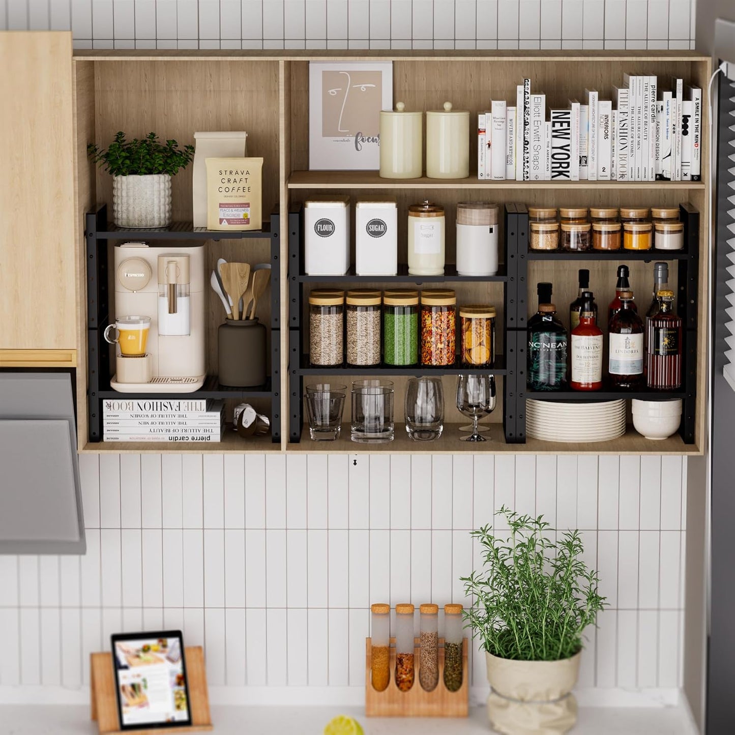 Expandable Shoe Rack Stackable Metal Pantry Storage Shelves Stand Adjustable Height Cabinet Shelf Organizer Racks Spice Shelving(2PACKS/BLACK,MEDIUM)