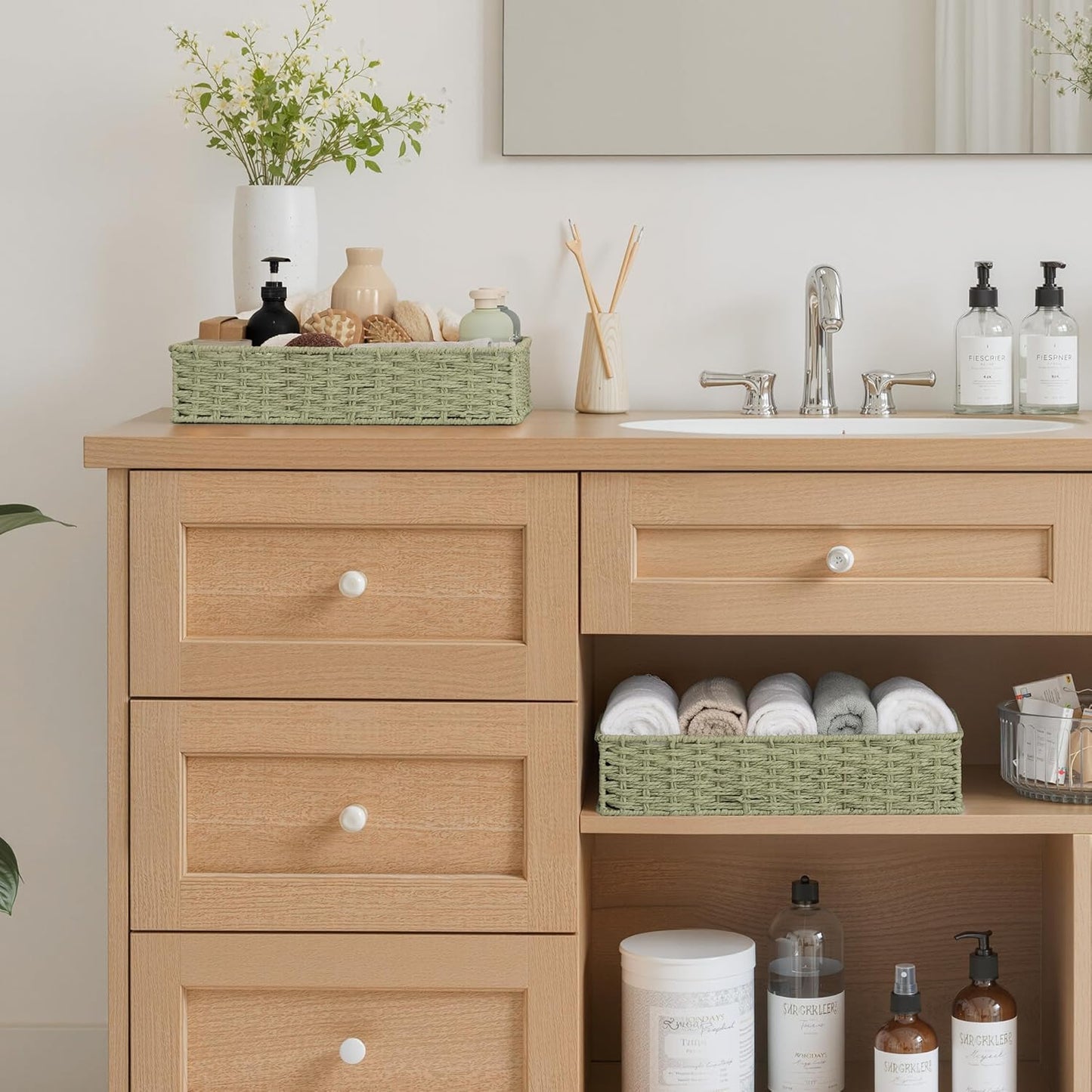 StorageWorks Bathroom Vanity Tray for Countertop, Bathroom Counter Tray for Decorative, Toilet Paper Baskets, Green, Larger, 2 Pack