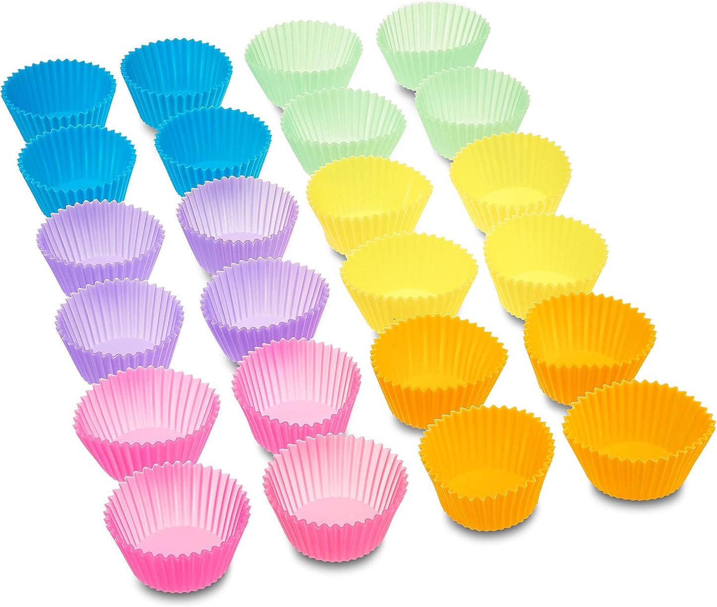 Amazon Basics Reusable Silicone Baking Cups, Non-Stick, BPA Free, Dishwasher Safe, 2.9 x 2.9 x 1.3 in (LxWxH), Multicolor, Pack of 24