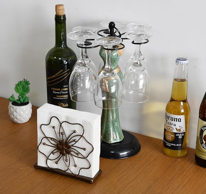 OwlGift Flower Style Napkin Holder, Freestanding Tissue Dispenser, Dining Table Napkin Storage for Home Kitchen Restaurant Picnic Party Wedding Housewarming – Bronze