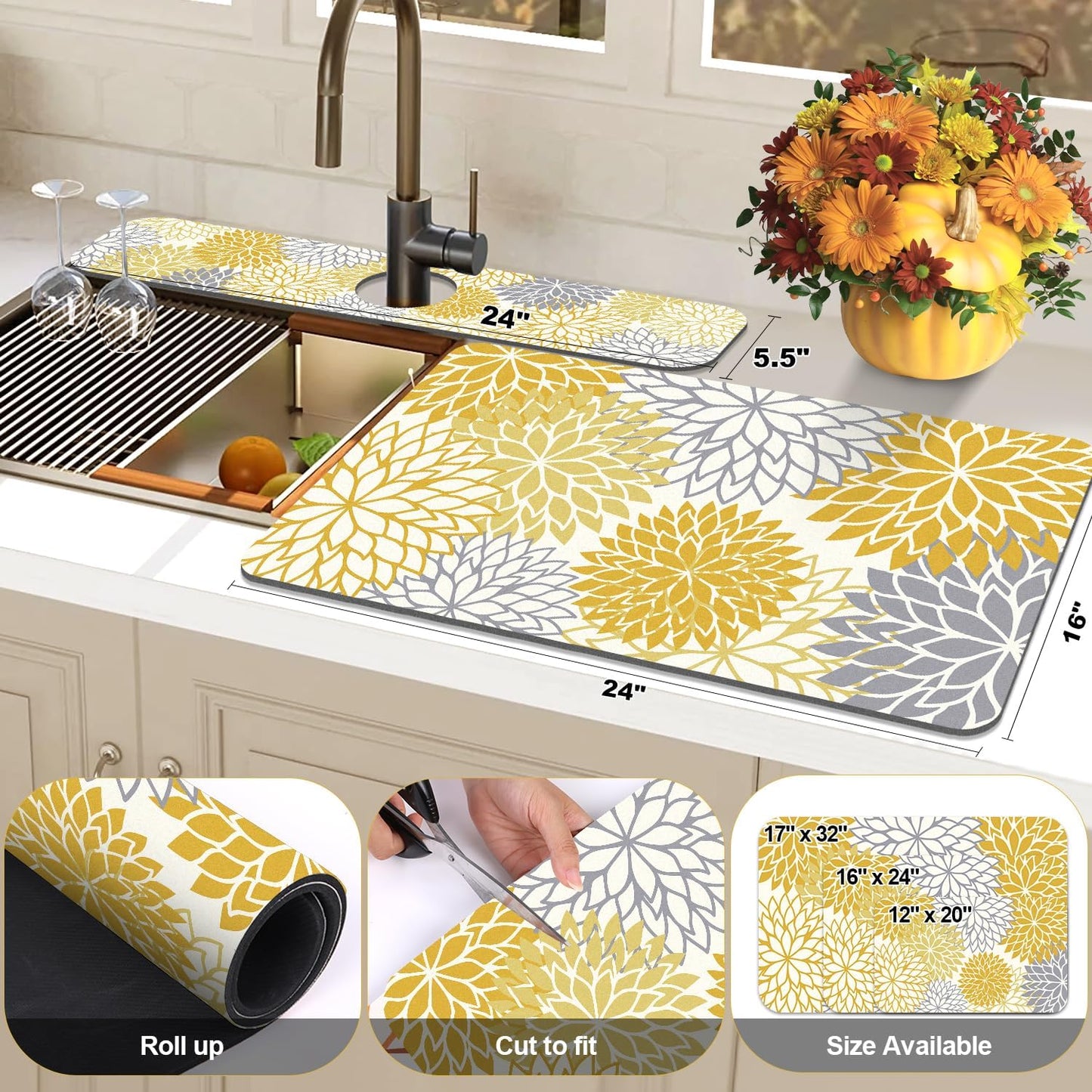 Findosom 2PCS 16" x 24" Dish Drying Mat & 24" x 5.5" Sink Splash Guard, Super Absorbent & Cuttable Dish Mat Drying Kitchen Mat with Yellow Floral, Hide Stain Drying Mat for Kitchen Counter