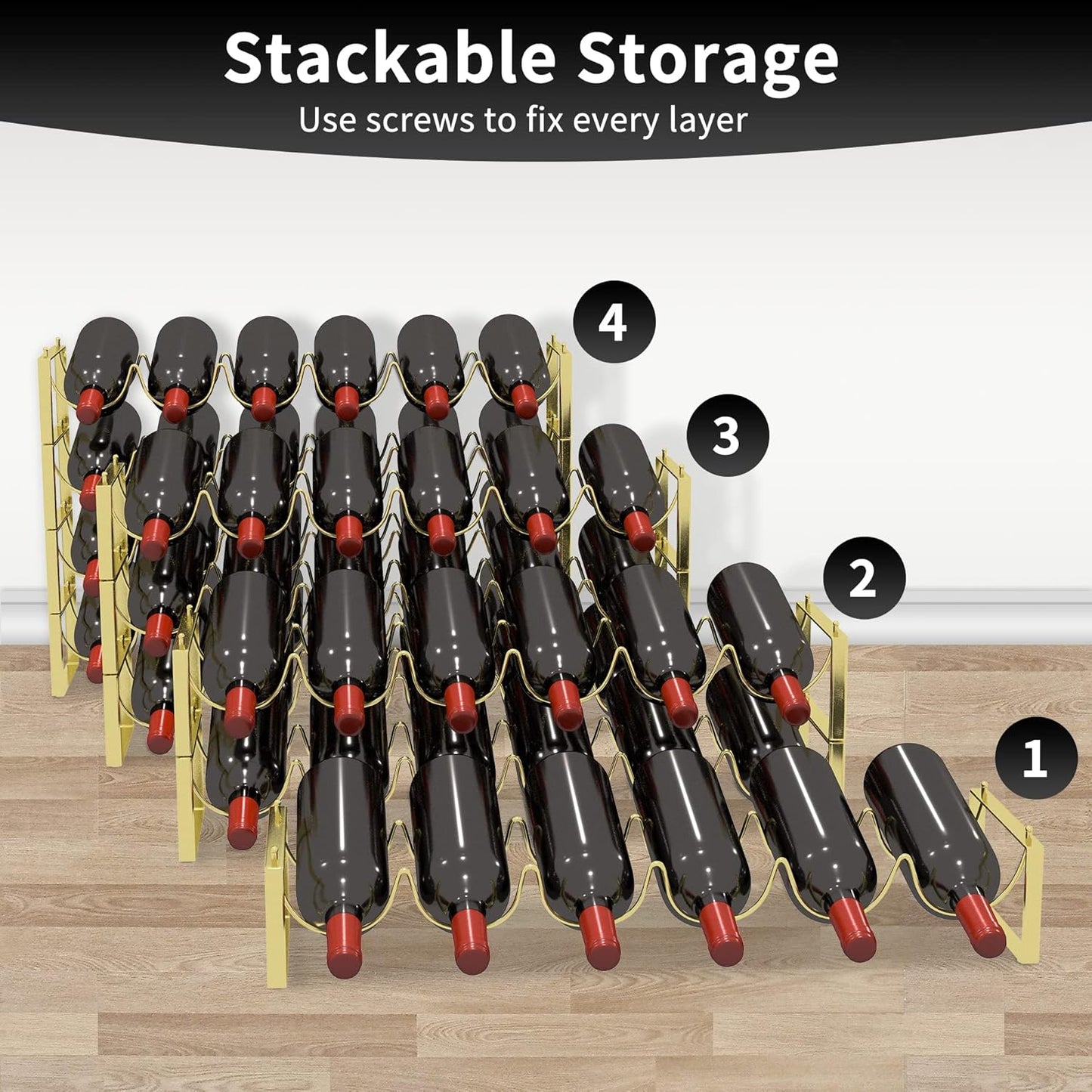TONLEA 4 Tier Wine Rack, 3-in-1 24 Bottles Wine Storage, Wine Bottle Rack Stackable, Wine Storage Rack for Cabinet Pantry(Gold, Version 3.0)