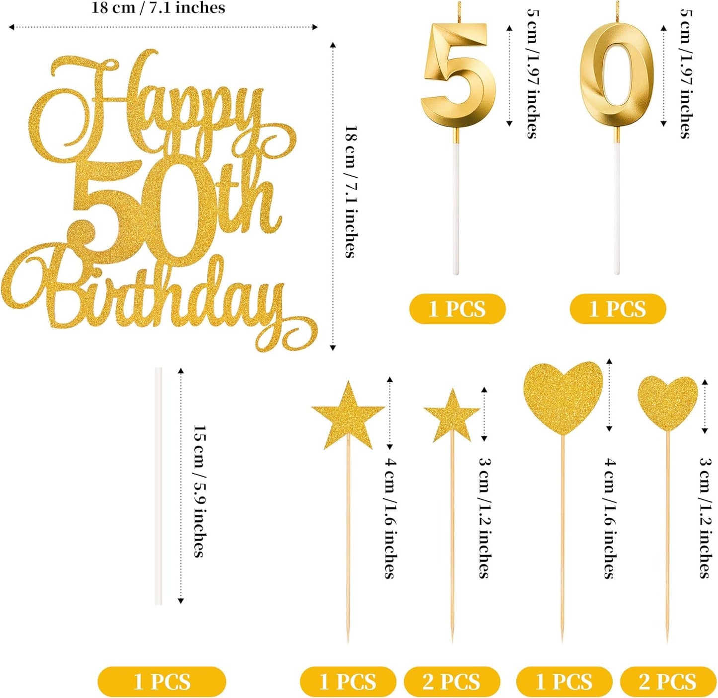 50th Birthday Cake Decorations, 50th Birthday Candles Cake Numeral Candles and Glitter Happy 50th Birthday Cake Toppers Set for Birthday Party Supplies (Gold)