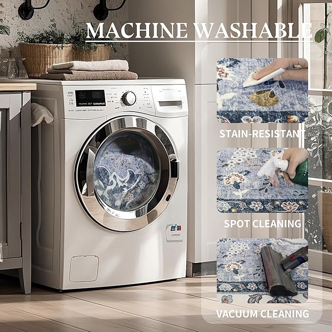 Area Rug for Living Room - Vintage Indoor Machine Washable Rug for Bedroom Dinning Room Floor - Soft Low-Pile Carpet Non-Slip Backing Floral Rugs Office (Blue White, 8' × 10')