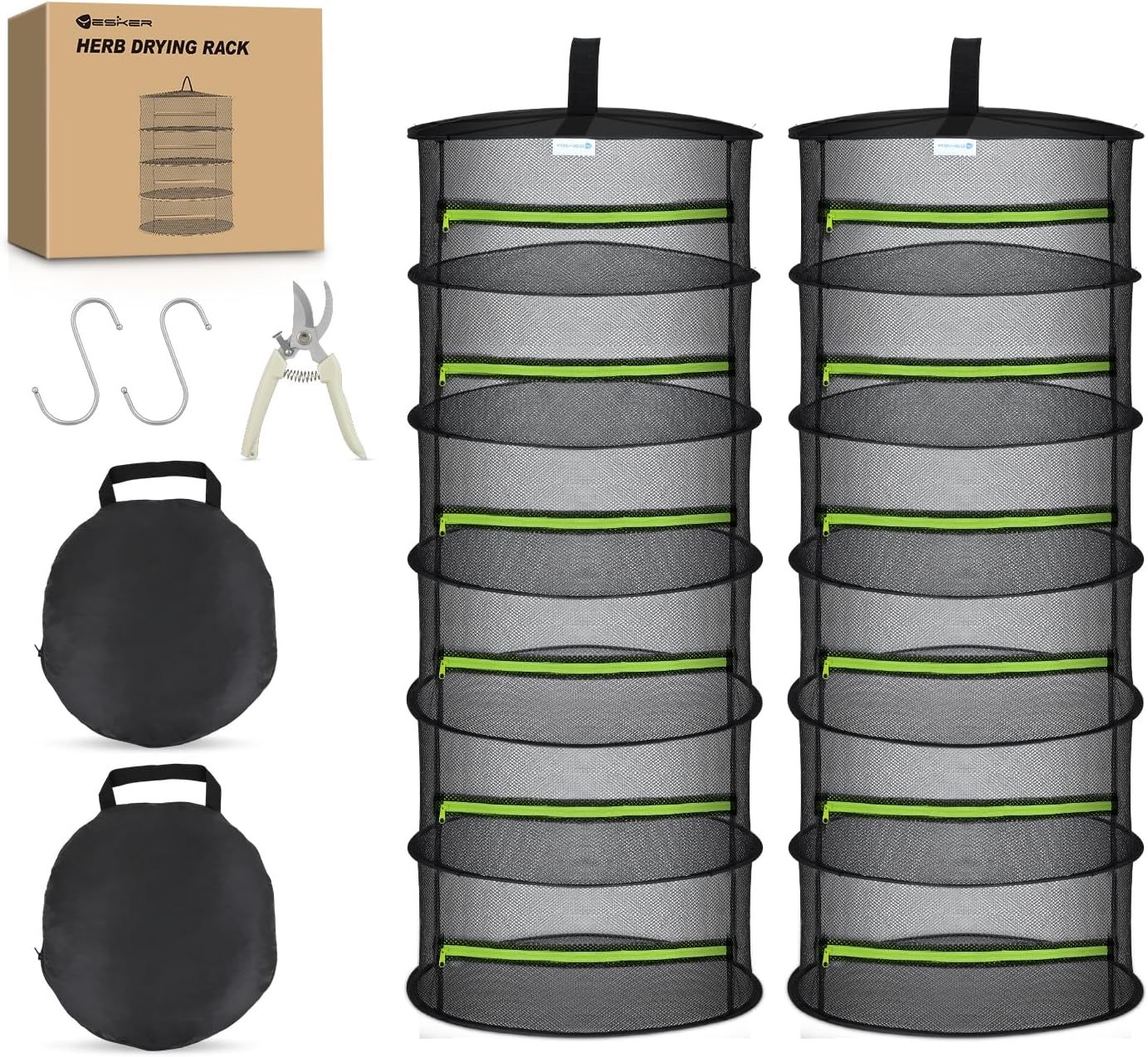 Yesker 6 Layer Herb Drying Rack Hanging Mesh Net Foldable Plant Drying Racks 24" w Green Zipper Pruning Shears Dryer Hanging Rack for Herbs Seed Bud Fruit Clothes Grow Tent Closet Garden Outdoor 2 PCS
