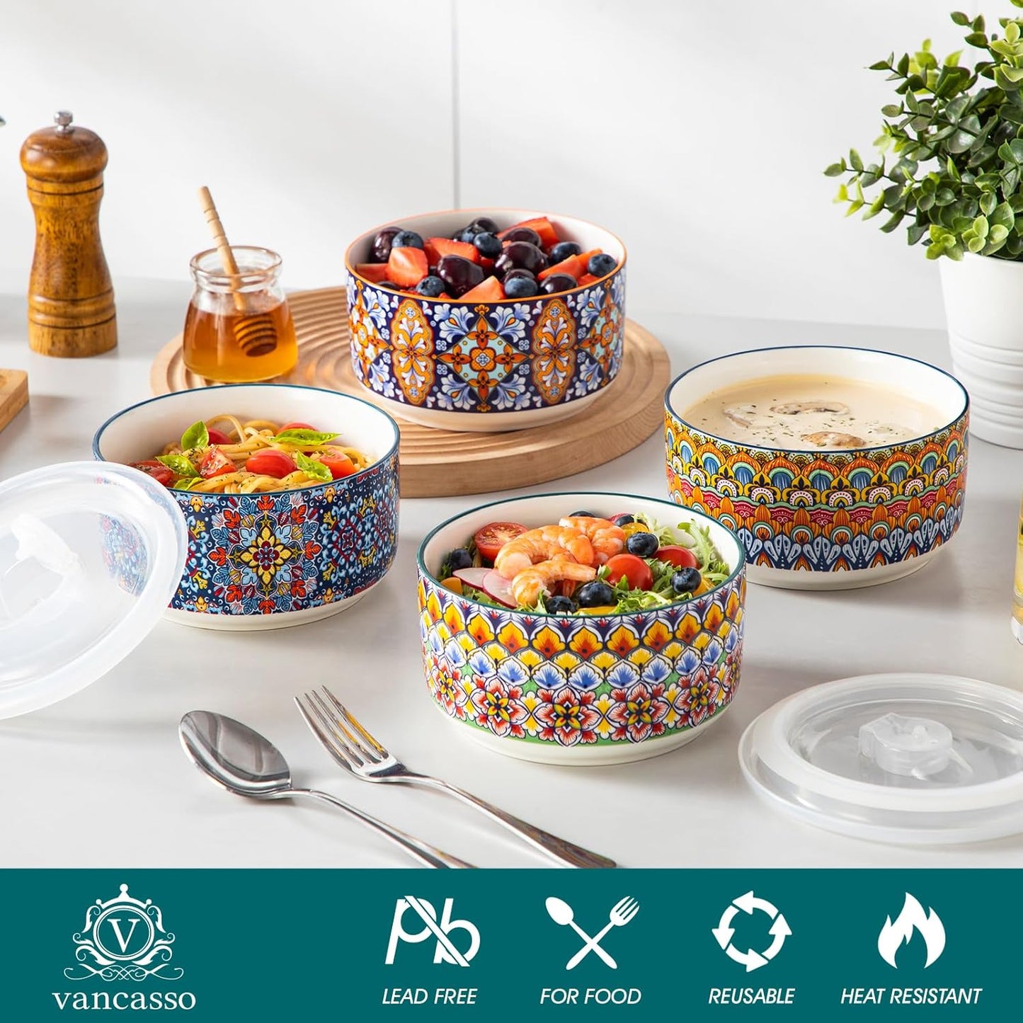 vancasso 36 oz Ceramic Bowls with Lids Set of 4, 6 Inch Food Storage Containers & Prep Bowls for Leftovers, Soup, Cereal, Meal Prep, Office Lunch, Microwave & Dishwasher Safe, Series SIMI