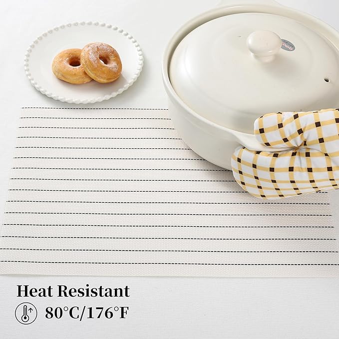 Leetaltree White with Black Stripes Placemats Set of 12 - Heat Resistant Non-Slip Place mats for Dining Table, Washable Durable PVC Vinyl Woven Table Mats（White Stripes, 12）