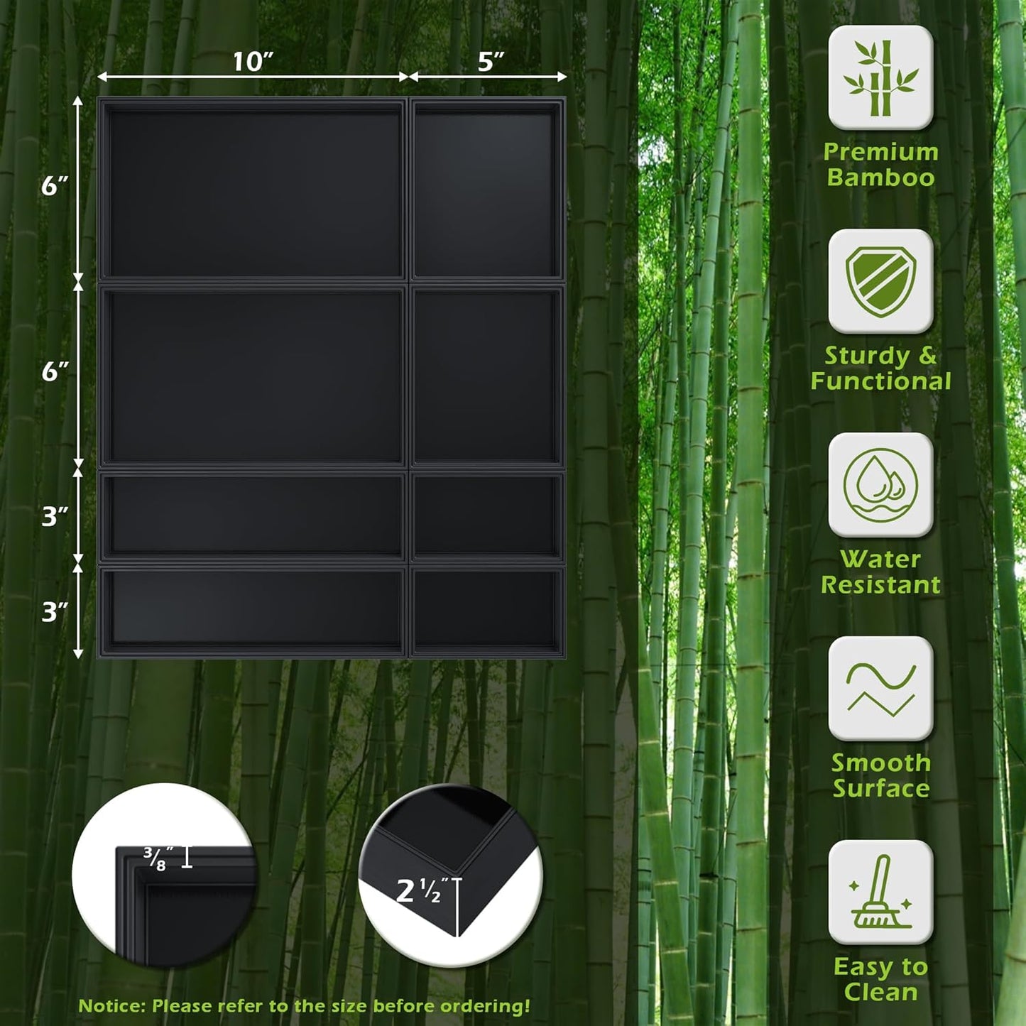 Bathroom Drawer Organizer Trays, Bamboo Drawer Organizer Kitchen Utensils Silverware Organizer, 8 PCS Wood Box Stackable Bins for Makeup, Office Desk, Junk Drawer (Black)