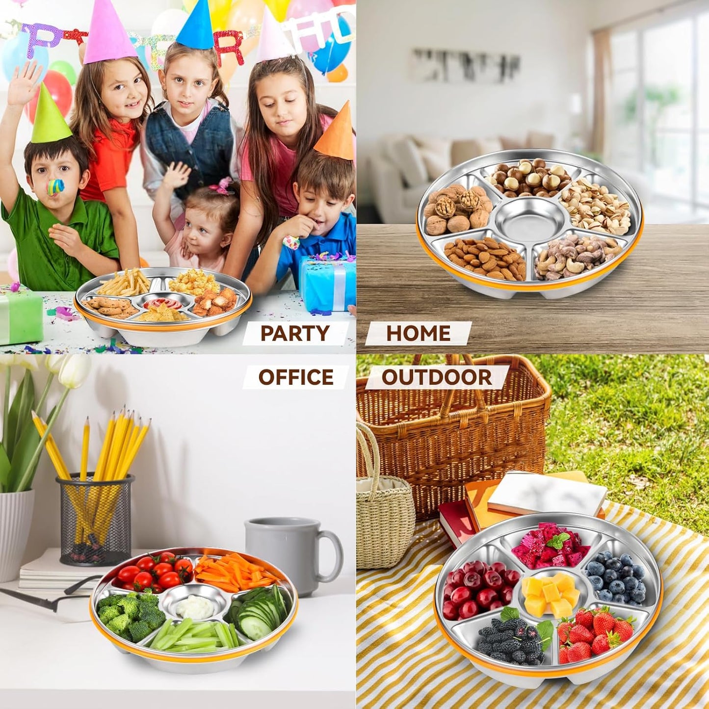 6-Compartment Stainless Steel Serving Tray with Lid - 10-inch Divided Snack/Vegetable/Fruit Tray for Christmas Parties, Snackle Box & Platter Container