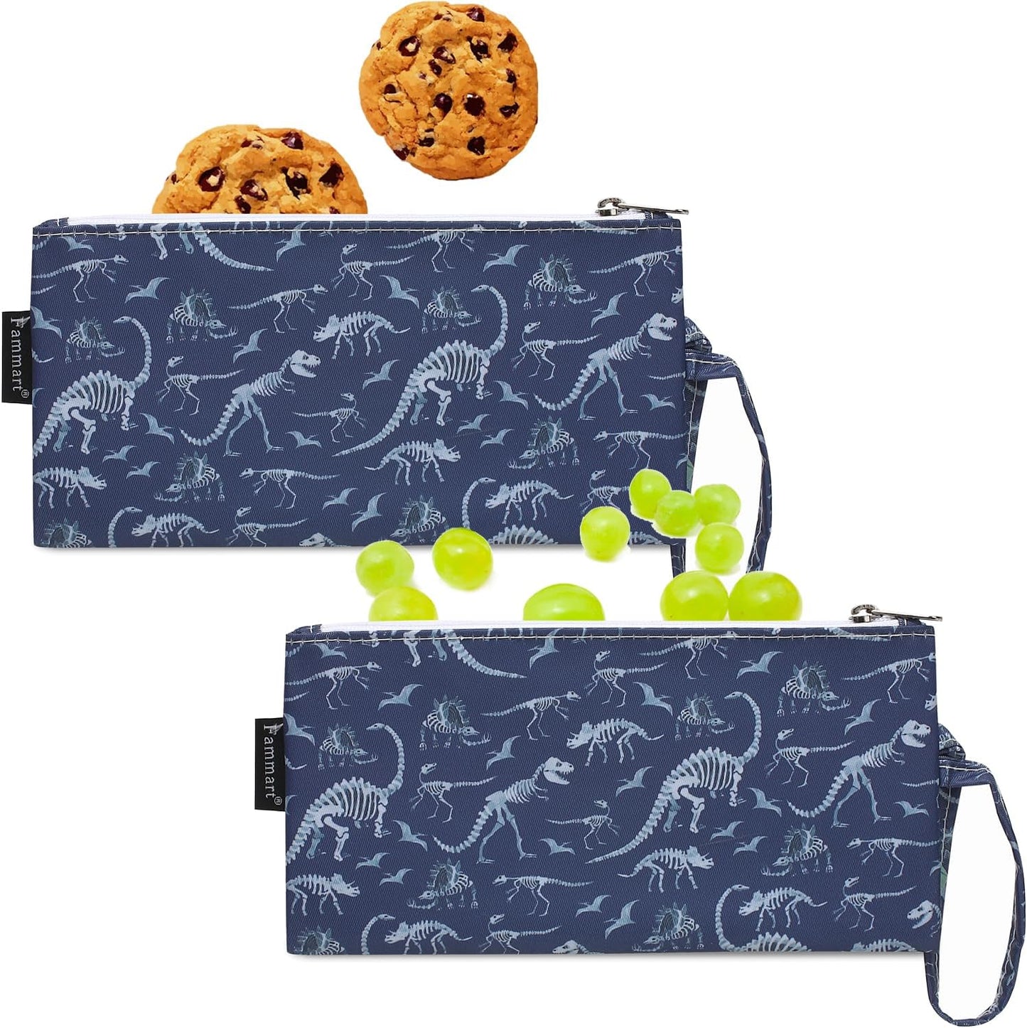 Reusable Sandwich Bag/Snack Bag for Kids & Adults, Dual Layer Lunch Bag with Handle, Washable, Food Safe, BPA Free (2-Pack, Dinosaur Fossil)
