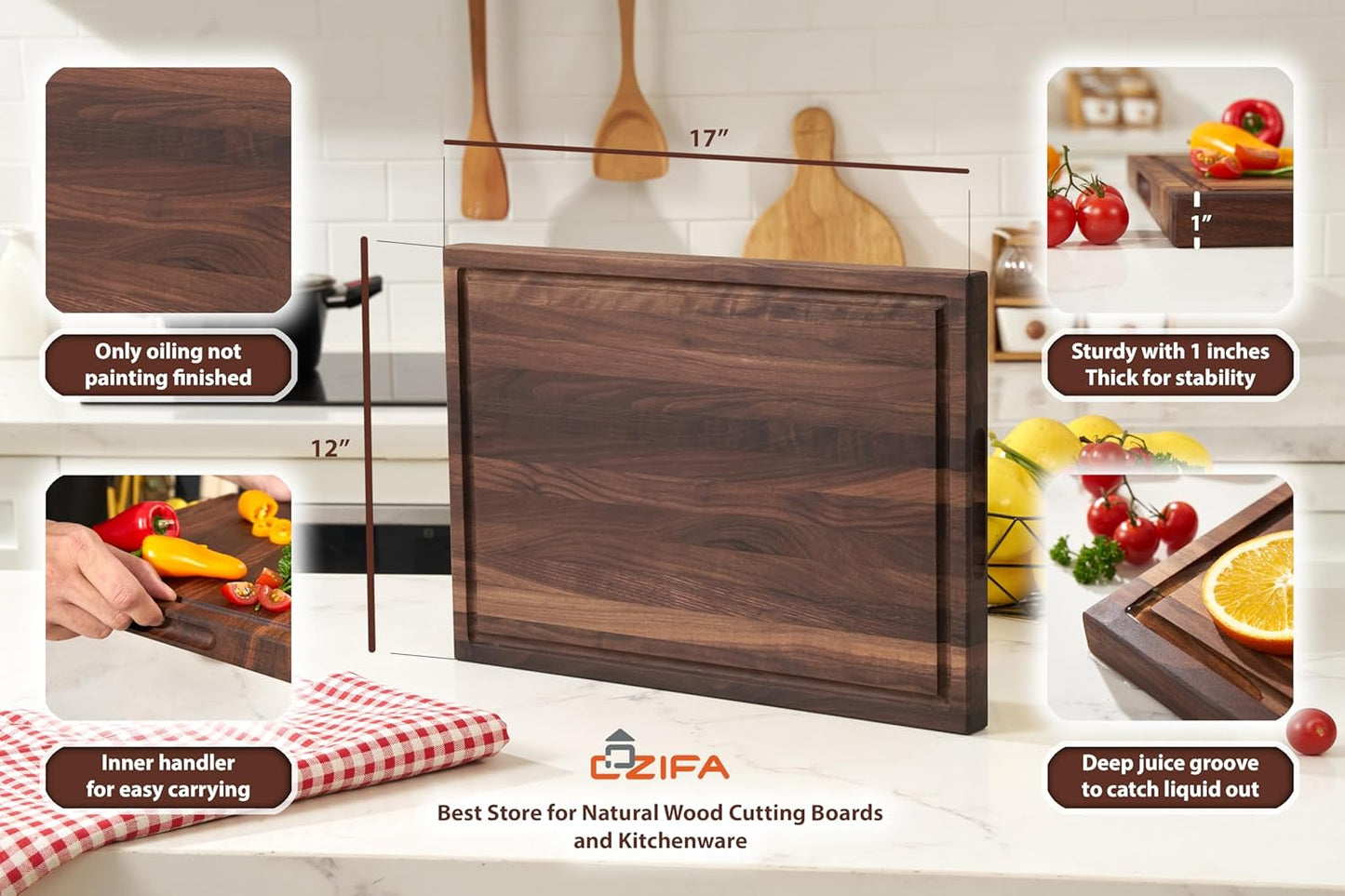 American Dark Walnut Wood Cutting Board 17x12 x1in for Kitchen with Juice Groove, Inner Handles, Gift Box, Thick Wooden Cutting Board Finished with Linseed Oil, Beeswax, Carnauba Wax, Lemon Oil