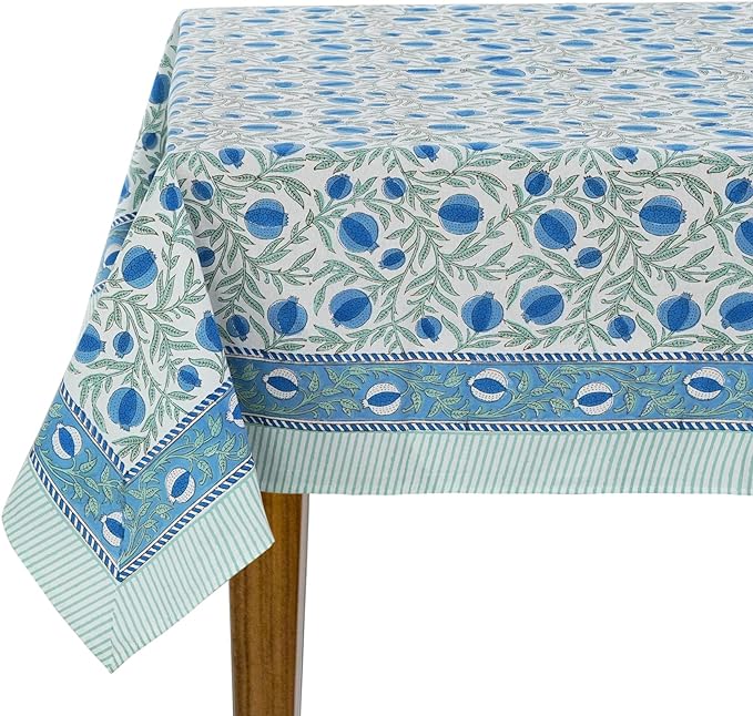 Ridhi Queen Blue Hand Block Print Cotton Rectangle Tablecloth 102 x 48 inches Reusable Table Cover Decorative Everyday Use for Dining Room, Farmhouse, Home, Party, Festive & Wedding, Fall