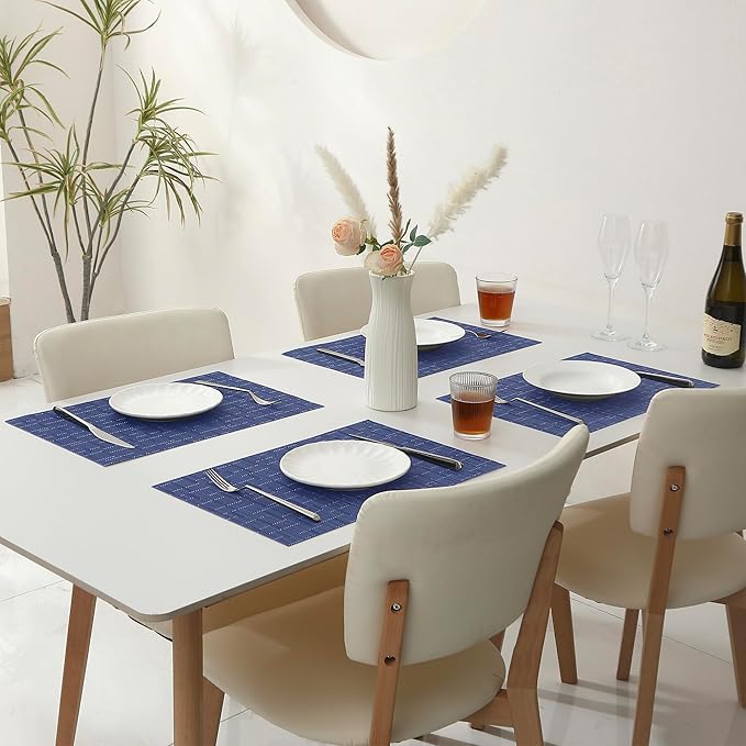 Leetaltree Blue Placemats Set of 8 - Heat Resistant Non-Slip Place mats for Dining Table, Washable Durable PVC Vinyl Woven Table Mats（Blue, 8）