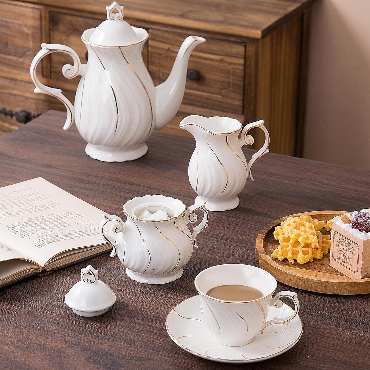 Sugar and Creamer Set Ceramic, Creamer Pitcher and Sugar Bowl with Lid, Creamer Pitcher with Handle,Sugar Cube Dish Coffee or Tea, White with gold thread