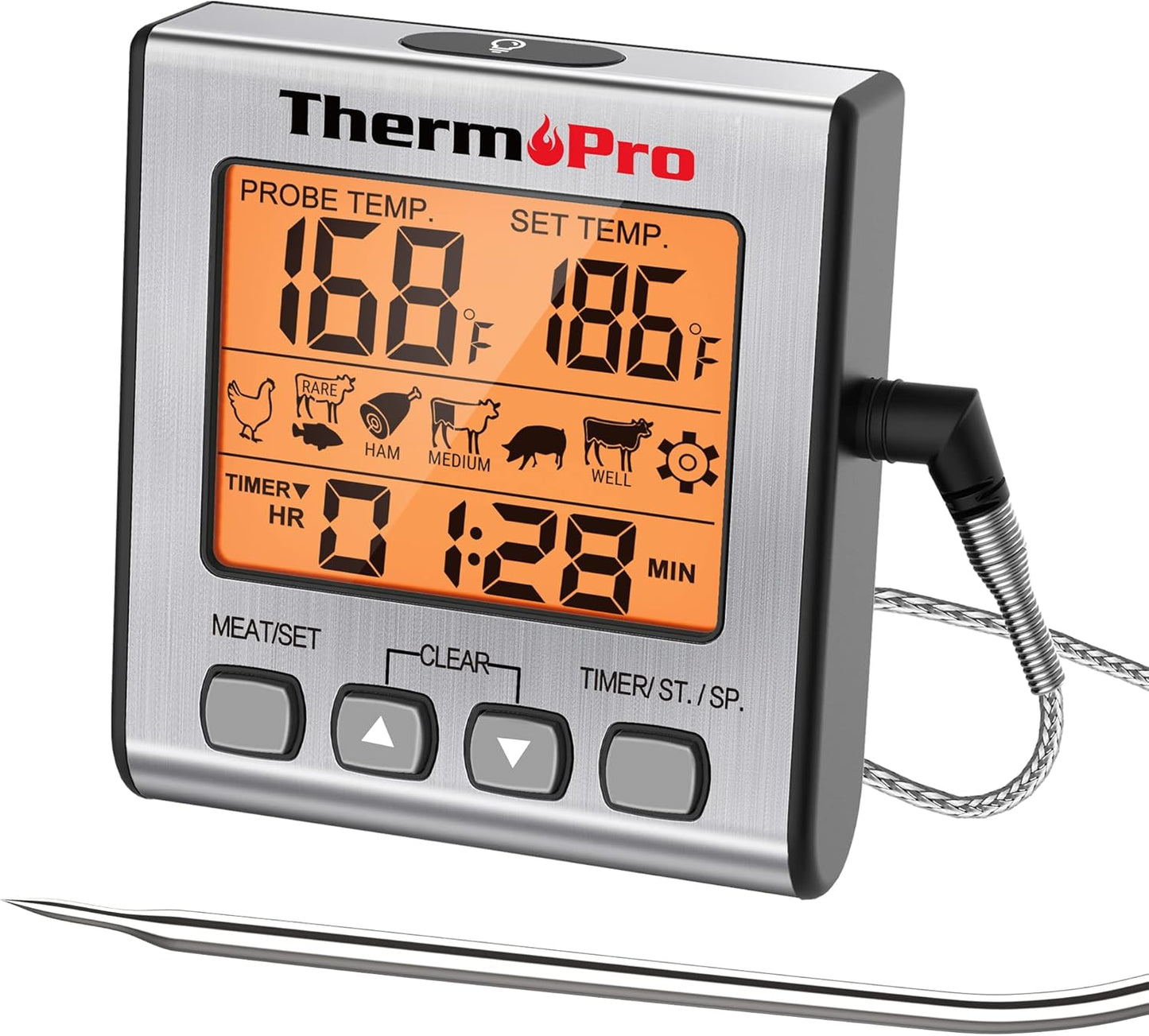 ThermoPro TP16S Digital Meat Thermometer for Cooking and Grilling, BBQ Food Thermometer with Backlight and Kitchen Timer, Grill Temperature Probe Thermometer for Smoker, Barbecue, Oven, Baking,Oil